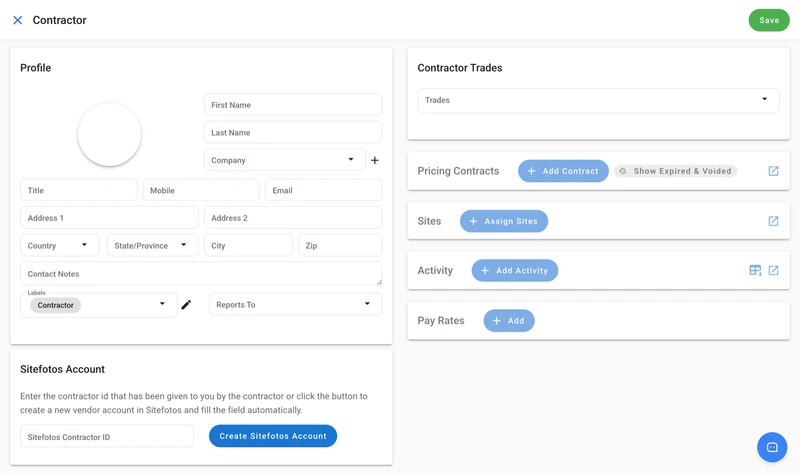 The New Contractor screen with profile fields and the Create Sitefotos Account button