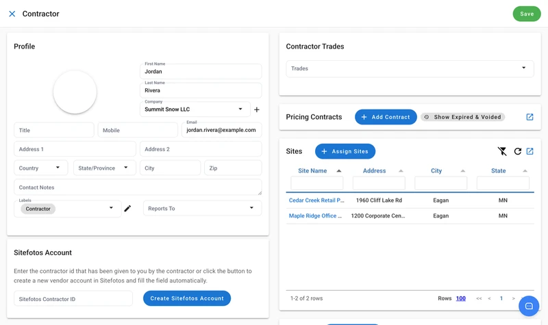 A contractor record with the Sites panel listing the sites assigned to them