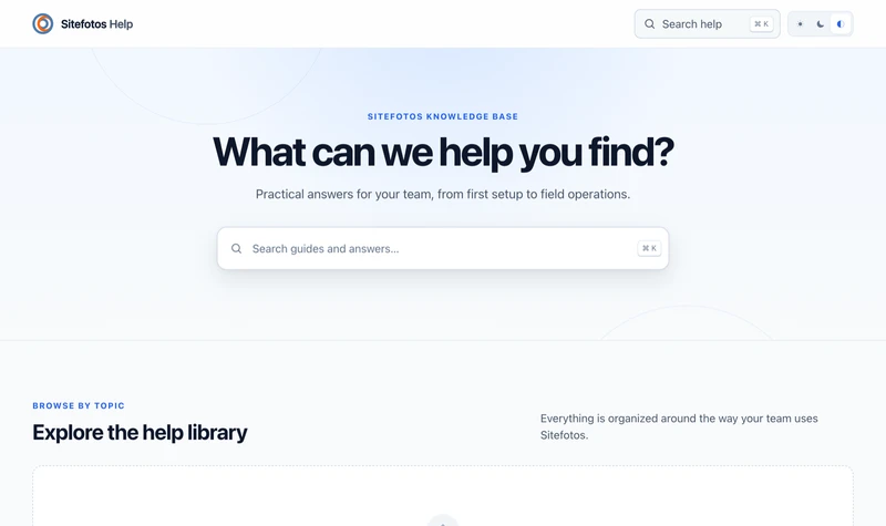 The Sitefotos help center home page with its search box