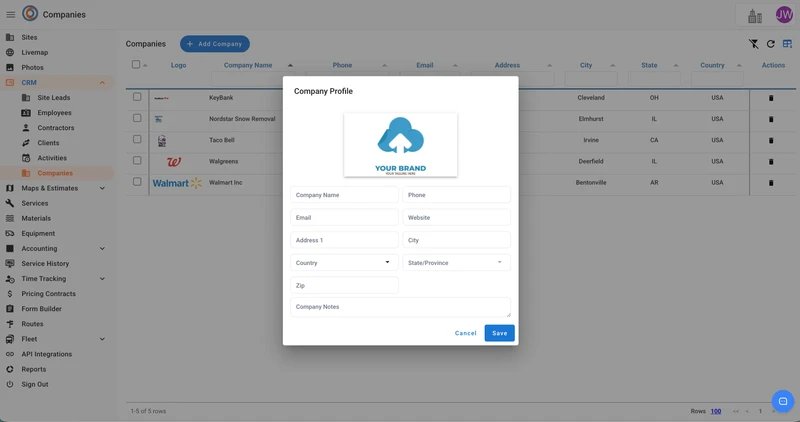 A modal window titled "Company Profile" overlays a list of companies. The modal contains fields for Company Name, Phone, Email, Website, Address 1, City, Country, State/Province, Zip, and Company Notes, along with a placeholder for a company logo. Below the fields are "Cancel" and "Save" buttons.