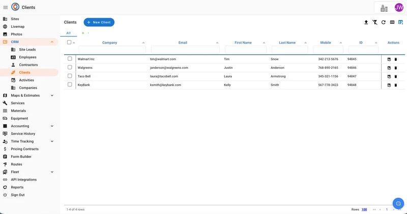 A web page showing a list of clients in a table format. The table has columns for Company, Email, First Name, Last Name, Mobile, ID, and Actions. Four clients are listed: Tim Snow from Walmart Inc., Justin Anderson from Walgreens, Laura Armstrong from Taco Bell, and Kelly Smith from KeyBank. A blue button labeled "+ New Client" is prominently displayed at the top of the client list.