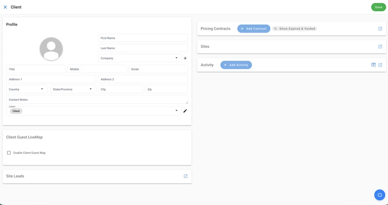 A client profile form with fields for first name, last name, company, title, mobile, email, address, country, state/province, city, zip, contact notes, and labels. The form also includes sections for pricing contracts, sites, activity, client guest live map, and site leads.