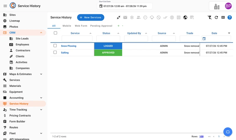 The Service History page with one record in Logged status and one in Approved status