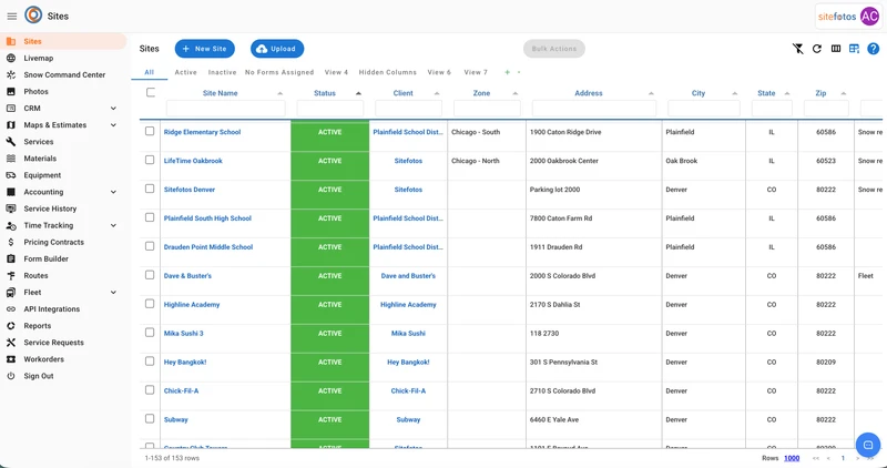 A web page showing a list of sites with columns for Site Name, Status, Client, Zone, Address, City, State, and Zip. A blue button labeled "+ New Site" is prominently displayed at the top of the list.