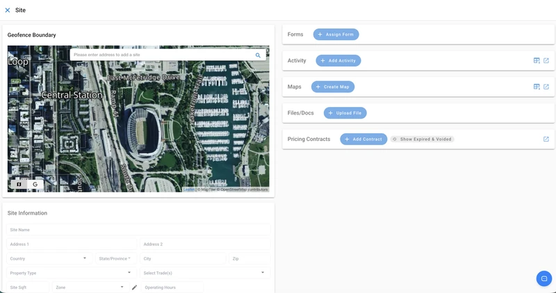 A form for creating a new site, with a map at the top for setting a geofence boundary, and fields below for site information such as name, address, property type, and square footage. On the right are sections for Forms, Activity, Maps, Files/Docs, and Pricing Contracts, each with buttons to add or assign items.