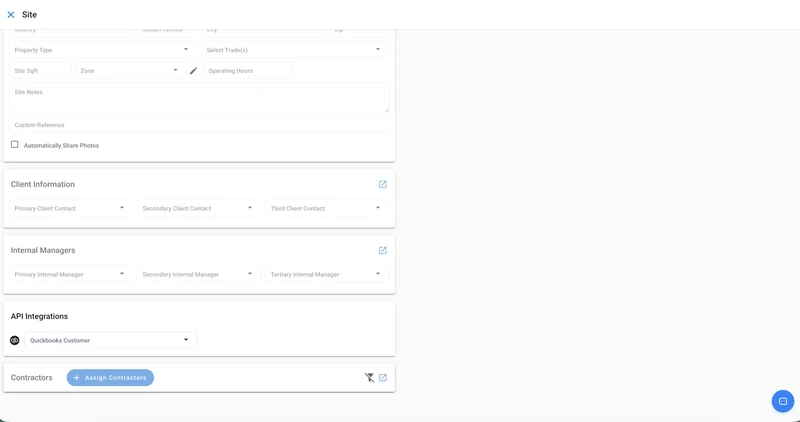 A form for creating a new site, showing fields for "Client Information", "Internal Managers", "API Integrations", and "Contractors". The "Client Information" section has dropdowns for "Primary Client Contact", "Secondary Client Contact", and "Third Client Contact".