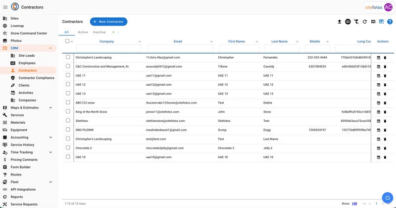 A data table of contractors with columns for company, email, first name, last name, mobile number, long code, and actions. The table lists 12 contractors, including Christopher's Landscaping, C&C Construction, and ABC123 Snow. Above the table are tabs for All, Active, and Inactive contractors, and a button to add a new contractor. The left navigation menu shows CRM > Contractors is selected.