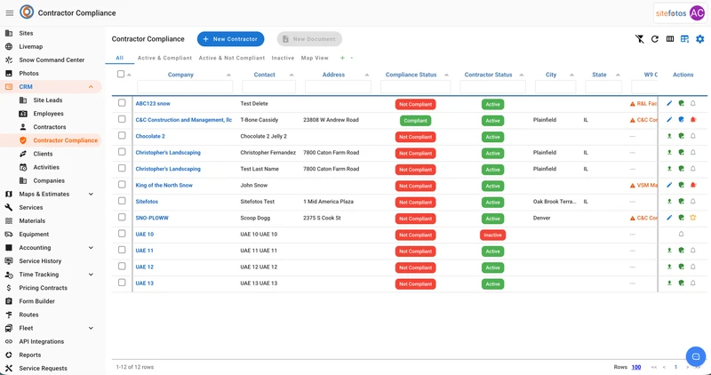 A table of contractors and their compliance status. The table has columns for Company, Contact, Address, Compliance Status, Contractor Status, City, State, W9 C, and Actions. Most contractors are marked as 'Not Compliant' in red, while some are 'Compliant' in green. All contractors are 'Active' in green, except for one 'Inactive' in red. The 'W9 C' column shows warnings for missing or expired documents for some contractors. The 'Actions' column includes icons for editing, uploading a document, a