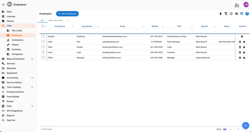 The "Employees" page of a web application, showing a table with columns for First Name, Last Name, Email, Mobile, Title, Branch, Notes, and Actions. The table lists five employees with their details. A sidebar on the left shows navigation options, with "CRM" expanded and "Employees" highlighted. Above the table are "All" and "Web Accounts" tabs, and a "+ New Employee" button.