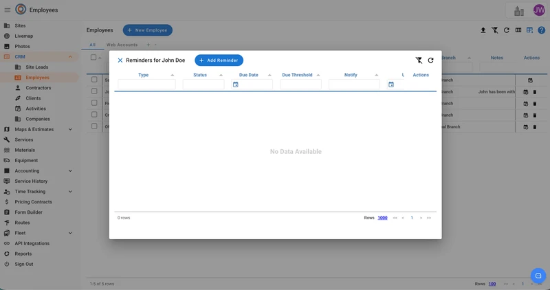 A modal window titled "Reminders for John Doe" is open, showing a table with columns for Type, Status, Due Date, Due Threshold, Notify, and Actions. The table currently displays "No Data Available" and has an "Add Reminder" button.
