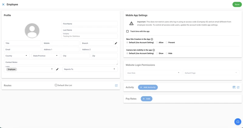 An employee profile page with sections for "Profile," "Mobile App Settings," "Website Login Permissions," "Routes," "Activity," and "Pay Rates." The "Profile" section includes fields for name, company, title, contact information, and address. The "Mobile App Settings" section has options to track time with the app, control new site creation, and manage camera tab visibility. The "Website Login Permissions" section has dropdowns for "User Role" and "Default Page." The "Activity" and "Pay Rates" s
