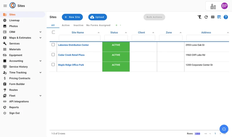 The Sites page in the Sitefotos backoffice with three sites listed