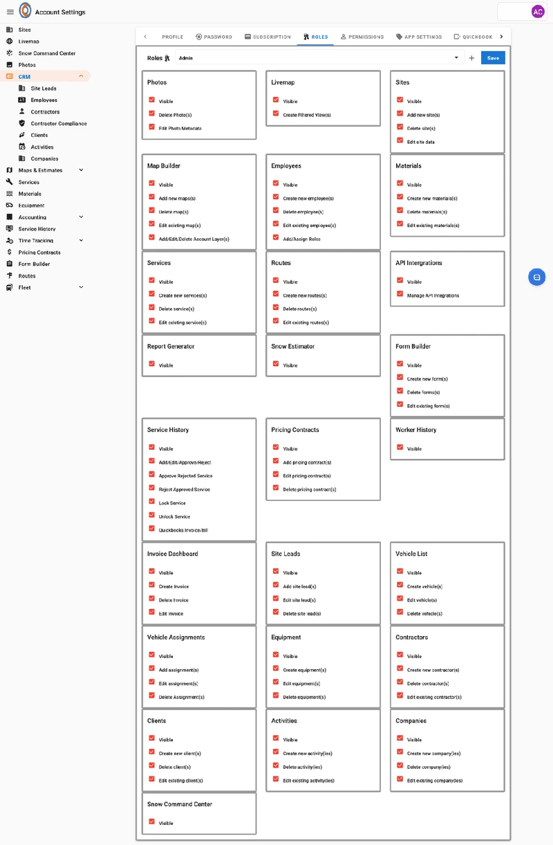 A web page showing account settings for roles. The "Admin" role is selected, and a grid of modules like Photos, Livemap, Sites, and Employees is displayed. Each module has checkboxes for "Visible" and various action permissions like "Delete Photo(s)", "Create Filtered View(s)", "Add new site(s)", and "Create new employee(s)". All checkboxes are selected, indicating full permissions for the Admin role. A "Save" button is visible at the top right.