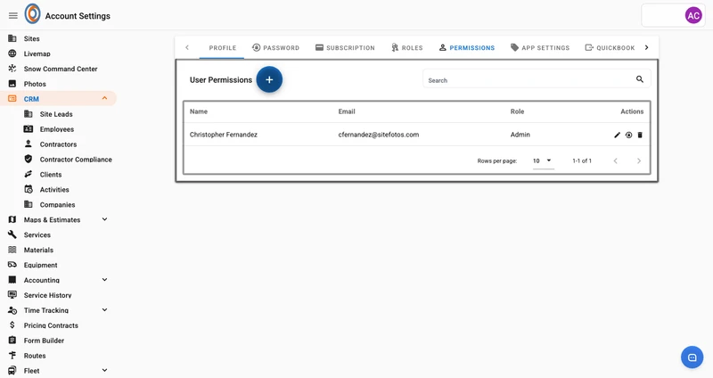 The "Permissions" tab of the Account Settings page, showing a table of user permissions. The table has columns for Name, Email, Role, and Actions. One user, Christopher Fernandez, is listed with the email cfernandez@sitefotos.com and the role Admin. The Actions column for this user shows icons for editing, changing password, and deleting. Above the table are a "User Permissions" heading with a plus button, and a search bar. Navigation tabs at the top include Profile, Password, Subscription, Role