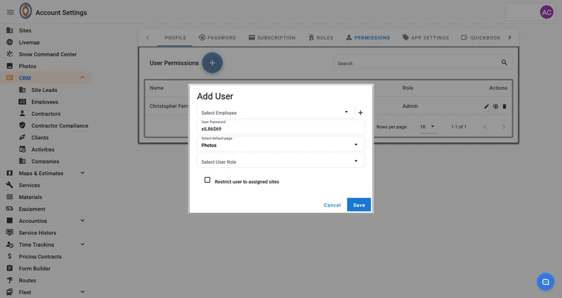 A modal dialog titled "Add User" is open on the "Permissions" tab of the "Account Settings" screen. The dialog contains fields to select an employee, view a generated user password, select a default page (currently "Photos"), select a user role, and a checkbox to "Restrict user to assigned sites." Below these fields are "Cancel" and "Save" buttons. The background shows a sidebar with navigation items like "Sites," "Livemap," "Photos," and "CRM," and the main content area displays a "User Permiss