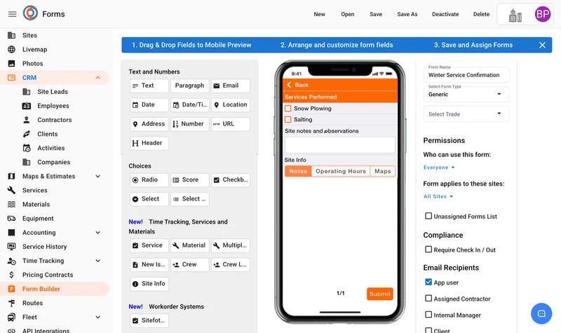 Form Builder with the field palette, a live phone preview, and sharing options