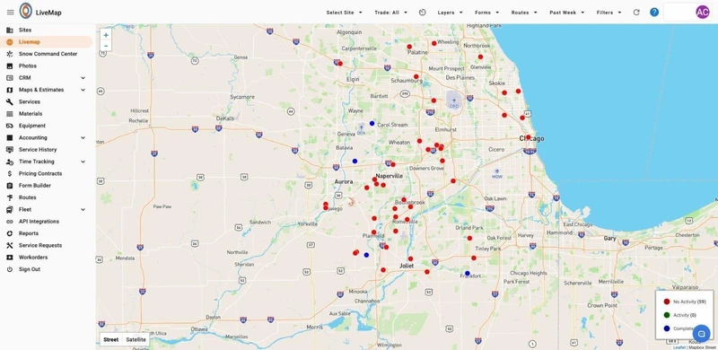 A map of the Chicago metropolitan area with numerous red and blue pins indicating locations. A sidebar on the left shows navigation options like "Sites," "Livemap," and "Snow Command Center." A legend in the bottom right corner indicates that red pins mean "No Activity (59)," green pins mean "Activity (0)," and blue pins mean "Complete."