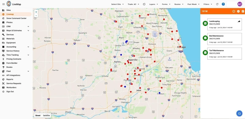 A map of the Chicago metropolitan area with red and blue pins indicating locations. A sidebar on the left shows navigation options, and a panel on the right displays three service tasks: Landscaping, Bed Maintenance, and Turf Maintenance, all marked as completed four days ago.