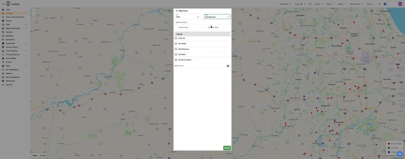 A map of Illinois with a 'Web Form' pop-up window open on the left side. The form has fields for 'Site', 'Select a contact', 'Check in time', 'Check out time', and a 'Panel' section with checkboxes for 'Plow Lots', 'Push Walks', 'Salt Parking Lot', 'Salt Walks', and 'No Service Needed'. Below the checkboxes is a 'New Issue' field. The map shows various red and blue pins, indicating different site statuses. The top toolbar has options for 'Select Site', 'Trade: All', 'Layers', 'Forms', 'Routes', 