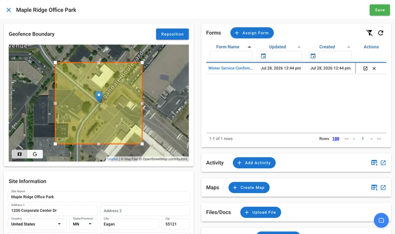 A site detail page with the geofence boundary drawn over aerial imagery