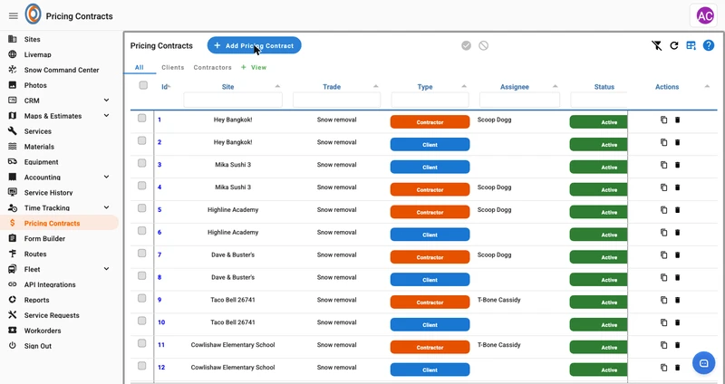 A web page showing a list of pricing contracts. The list includes columns for ID, Site, Trade, Type (Client or Contractor), Assignee, Status, and Actions. The "Pricing Contracts" menu item is highlighted on the left sidebar. A button labeled "+ Add Pricing Contract" is visible at the top of the list.