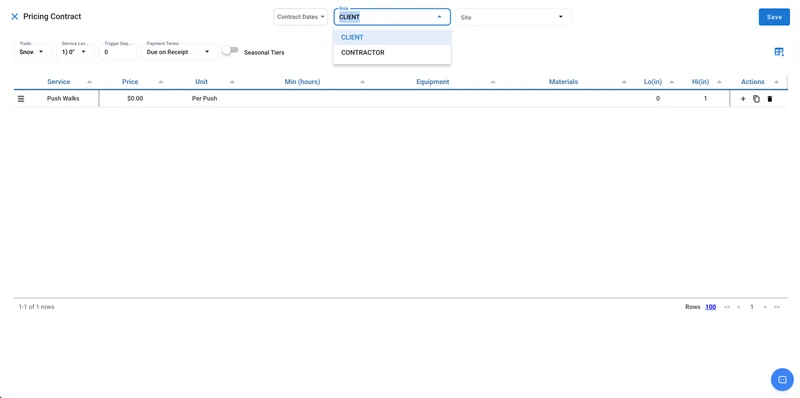 A form for creating a pricing contract, with fields for contract dates, role (Client or Contractor), site, trade, service level, trigger depth, payment terms, and seasonal tiers. A table below shows one service line for "Push Walks" with a price of $0.00, unit "Per Push", and snow depth range of 0 to 1 inch.