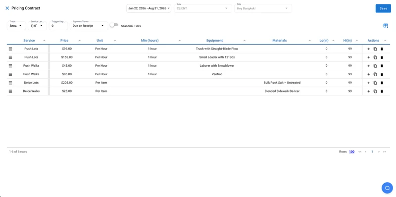 A form for creating a pricing contract, with fields for trade, service level, trigger depth, payment terms, and seasonal tiers. A table lists six services with their prices, units, minimum hours, equipment, materials, and low/high inch values. The services include "Push Lots," "Push Walks," "Deice Lots," and "Deice Walks." The contract is for a client, covers June 22, 2026 - August 31, 2026, and applies to the site "Hey Bangkok!"
