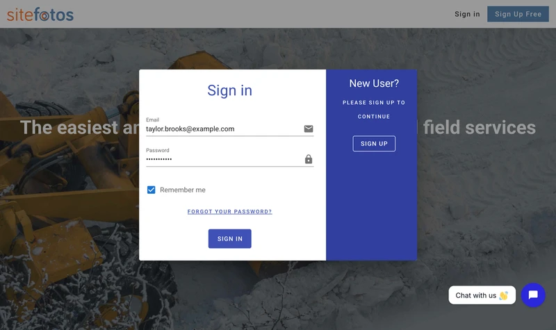 The Sitefotos website sign-in form with an email address and password entered