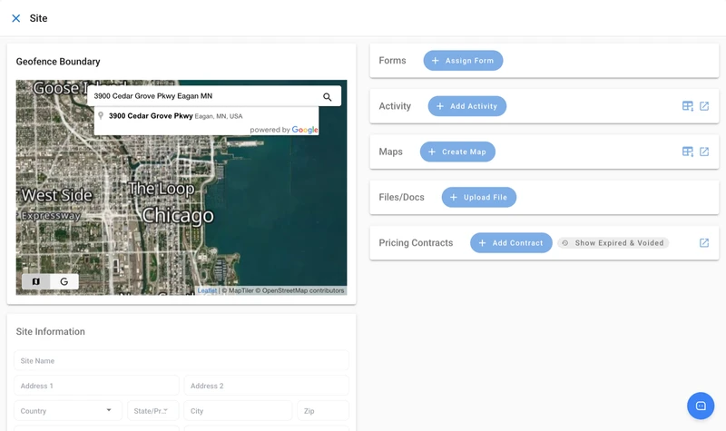 The new site screen with an address typed into the search box and a suggested match below it