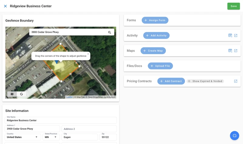 A new site with its geofence drawn over aerial imagery and a tooltip that reads Drag the corners of the shape to adjust geofence