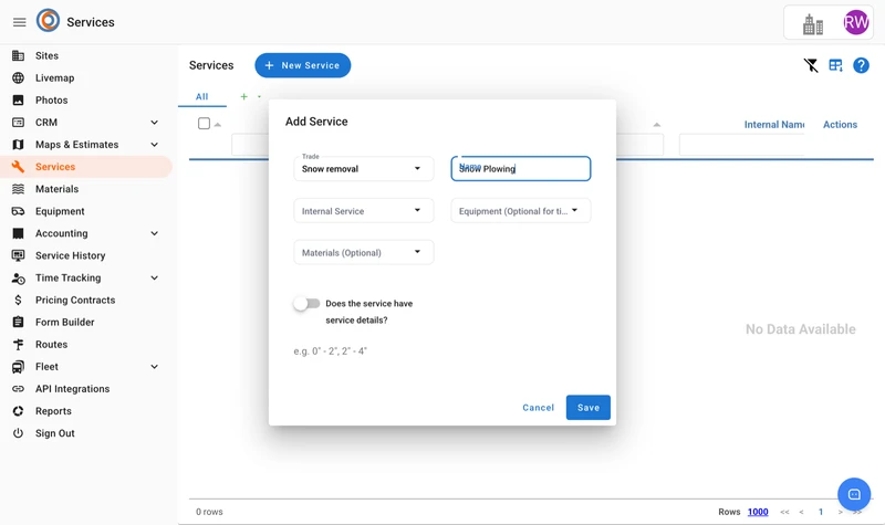 The Add Service dialog with the trade, name, and internal service fields