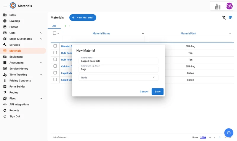The New Material dialog with a material name and unit entered
