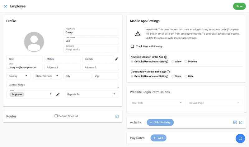 The employee screen with profile fields, mobile app settings, and website login permissions