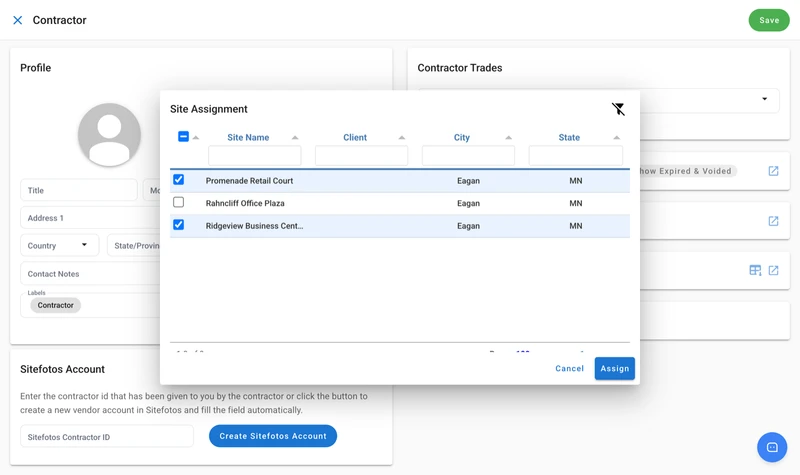 The Site Assignment picker with two of three sites checked