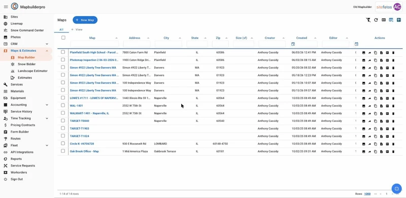 A web application interface showing a list of maps with columns for Map, Address, City, State, Zip, Size (sf), Creator, Created, Editor, and Actions. A left-hand navigation menu shows options like Sites, Livemap, Snow Command Center, Photos, CRM, Maps & Estimates, Services, Materials, Equipment, Accounting, Service History, Time Tracking, Pricing Contracts, Form Builder, Routes, Fleet, API Integrations, Reports, Service Requests, Workorders, and Sign Out. The "Maps & Estimates" section is expand
