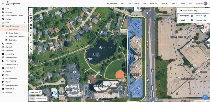 A screenshot of the Mapbuilder interface, showing a satellite map of an area with a lake, residential buildings, and commercial properties. A sidebar on the left lists navigation options like "Sites," "Livemap," and "Maps & Estimates." The "Maps & Estimates" section is expanded, with "Map Builder" highlighted. A toolbar on the left edge of the map contains drawing tools. On the right side of the map, a panel displays "Oak Brook Office - Map" with two layers: "Parking Lot" (107,878 sqft) and "Par