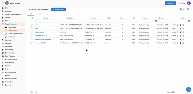 The Snow Bidder interface displays a list of snow removal estimates, including columns for estimate name, map name, address, city, state, zip code, creator, creation date, and actions. A sidebar menu on the left shows navigation options like Sites, Livemap, Snow Command Center, Photos, CRM, Maps & Estimates (with Map Builder and Snow Bidder highlighted), Landscape Estimator, Estimates, Services, Materials, Equipment, Accounting, Service History, Time Tracking, Pricing Contracts, Form Builder, Ro