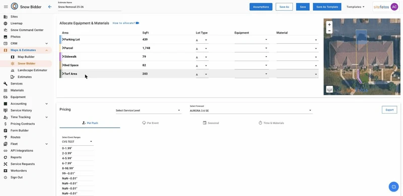 A web application interface for "Snow Bidder" with a left navigation menu, a central panel for allocating equipment and materials, a pricing section, and a map view on the right. The central panel lists areas like "Parking Lot," "Parcel," "Sidewalk," "Bed Space," and "Turf Area" with their square footage and dropdowns for lot type, equipment, and material. The pricing section shows options for "Per Push," "Per Event," "Seasonal," and "Time & Materials," with "Per Push" selected. A dropdown for "