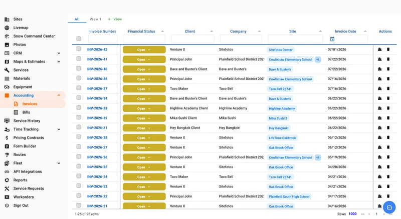 A software interface showing a list of invoices with columns for Invoice Number, Financial Status, Client, Company, Site, Invoice Date, and Actions. The left sidebar shows navigation options including Accounting, Invoices, and Bills. The invoice list displays multiple entries, each with an "Open" status, and includes client and site names like "Venture X" and "Sitefotos Denver".