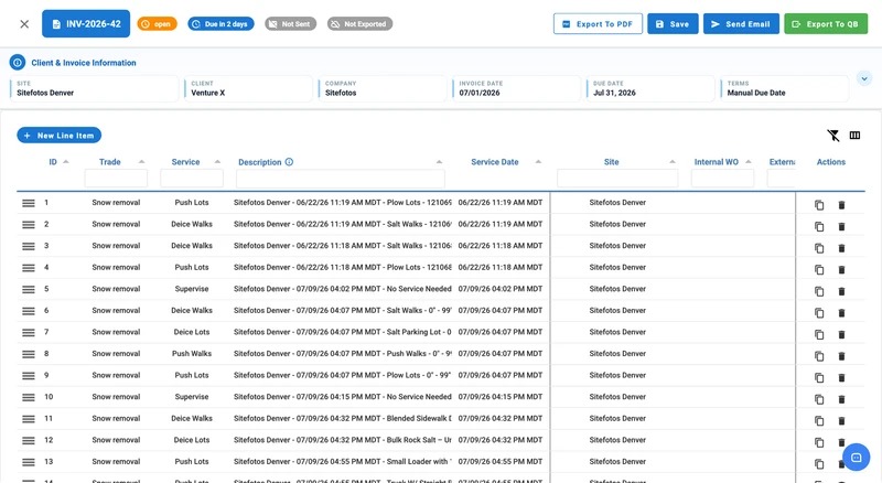 An invoice editing screen with an invoice number INV-2026-42, status Open, Due in 2 days, Not Sent, and Not Exported. Buttons to Export To PDF, Save, Send Email, and Export To QB are visible. Client and invoice information includes Sitefotos Denver, Venture X, Sitefotos, Invoice Date 07/01/2026, Due Date Jul 31, 2026, and Terms Manual Due Date. A table lists 13 line items for snow removal services, including Trade, Service, Description, Service Date, Site, and Actions columns. Each line item has