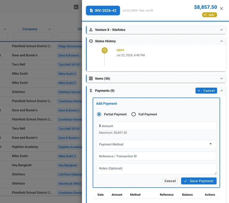 A modal window for adding a payment to invoice INV-2026-42, showing the total amount due as $8,857.50. The "Partial Payment" option is selected, with fields for amount, payment method, reference/transaction ID, and notes. The invoice status history is visible above, showing it was opened on July 22, 2026. A table of invoices is partially visible in the background.