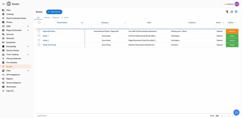 A web page showing a list of routes with columns for Route Name, Category, Sites, Contacts, Order, and Status. The list includes four routes: "Naperville Route" (Inactive), "Route 1" (Active), "Route 2" (Active), and "Route Test Scoop" (Active). A navigation menu on the left highlights "Routes" and a "New Route" button is at the top of the list.