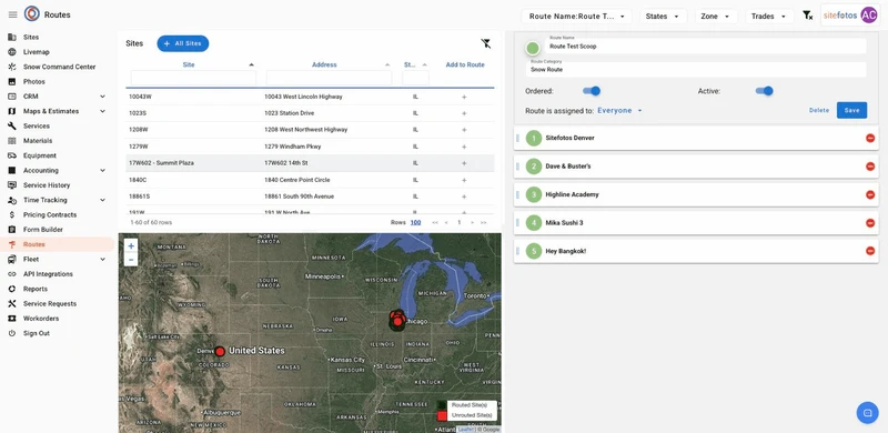 The Sitefotos Routes editor shows a list of sites to add to a route on the left, a map of the United States below it, and route settings and a list of selected stops on the right. The route is named "Route Test Scoop" and categorized as "Snow Route." It is assigned to "Everyone" and is active and ordered. Five stops are listed: Sitefotos Denver, Dave & Buster's, Highline Academy, Mika Sushi 3, and Hey Bangkok!