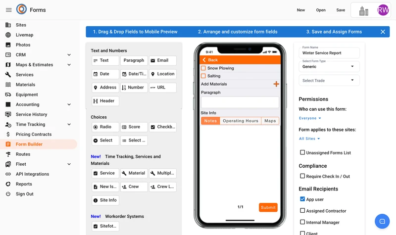 Form Builder with the field palette, a phone preview of the form, and sharing options