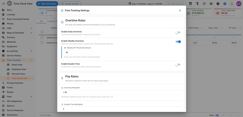 A modal window for "Time Tracking Settings" is open, showing options for "Overtime Rules" and "Pay Rates." Under "Overtime Rules," there are toggles for "Enable Daily Overtime," "Enable Weekly Overtime," and "Enable Double Time." "Enable Weekly Overtime" is toggled on, with a "Weekly OT Threshold (Hours)" set to 40. Under "Pay Rates," there are fields for "Overtime Multiplier" set to 1.50 and "Double Time Multiplier" set to 2. The background shows a "Time Clock View" interface with a sidebar men
