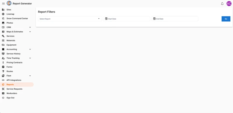 The Report Generator page shows a left navigation menu with various modules, including "Reports" highlighted. The main content area displays "Report Filters" with fields for "Select Report," "Start Date," "End Date," and a "Go" button.