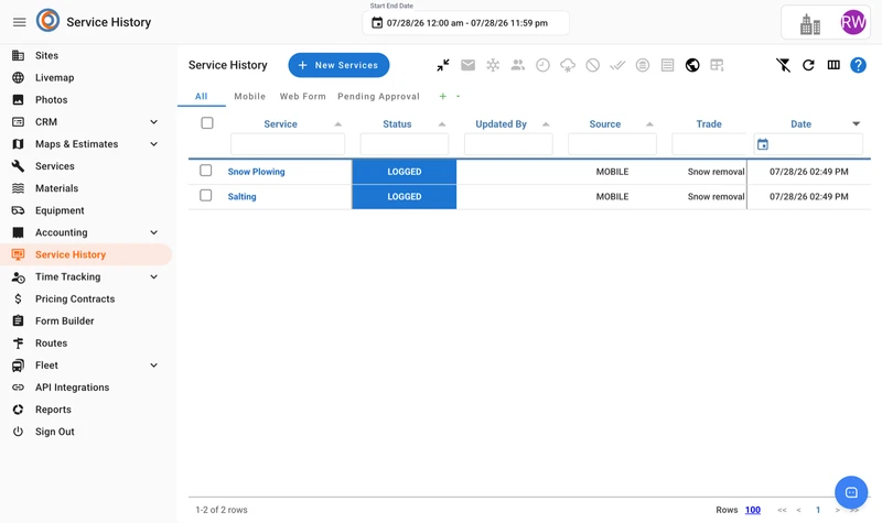 The Service History page with Snow Plowing and Salting rows in Logged status from the mobile source