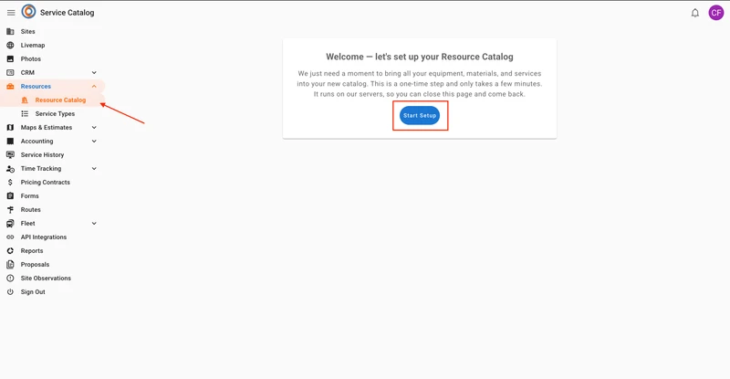 A web page with a sidebar menu on the left and a welcome message in the center. The sidebar menu shows "Resources" expanded, with "Resource Catalog" highlighted. An arrow points from "Resource Catalog" to the welcome message. The welcome message is titled "Welcome - let's set up your Resource Catalog" and includes a "Start Setup" button.