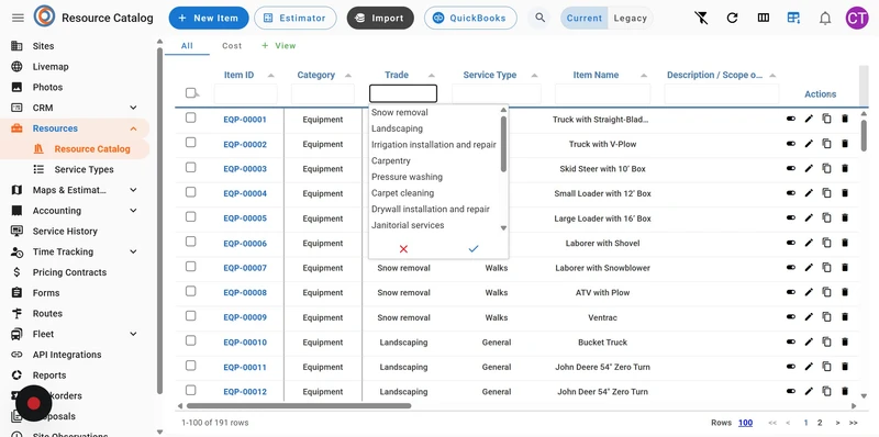 A screenshot of the Resource Catalog page, showing a dropdown menu for "Trade" with options like "Snow removal," "Landscaping," "Irrigation installation and repair," and "Carpentry." The table lists various equipment items with their IDs, categories, trades, service types, item names, and action icons for editing, duplicating, and deleting. The left sidebar shows navigation options including "Resources" and "Resource Catalog" highlighted.