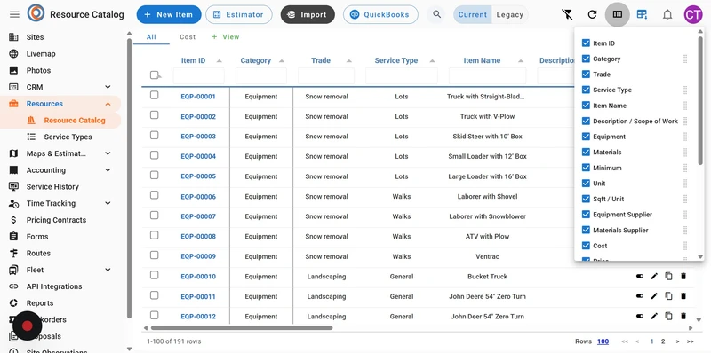 A screenshot of the Resource Catalog interface showing a list of equipment items. The left sidebar shows navigation options like "Sites," "Livemap," "Photos," "CRM," "Resources," "Service Types," "Maps & Estimating," "Accounting," "Service History," "Time Tracking," "Pricing Contracts," "Forms," "Routes," "Fleet," "API Integrations," "Reports," "Workorders," and "Proposals." "Resources" and "Resource Catalog" are highlighted. The main content area displays a table with columns for "Item ID," "Ca
